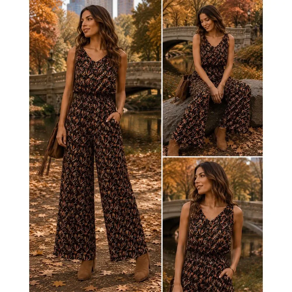 Dolan 100% Silk Printed Wide Leg Jumpsuit Black Floral Tie Shoulder Medium USA - Picture 1 of 6